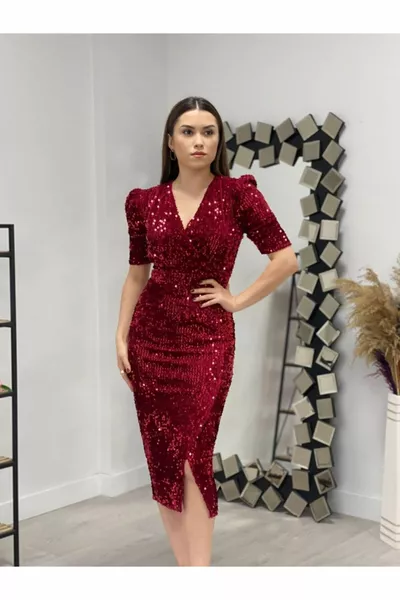 Samt Pailletten Jacke Kleid - Rot