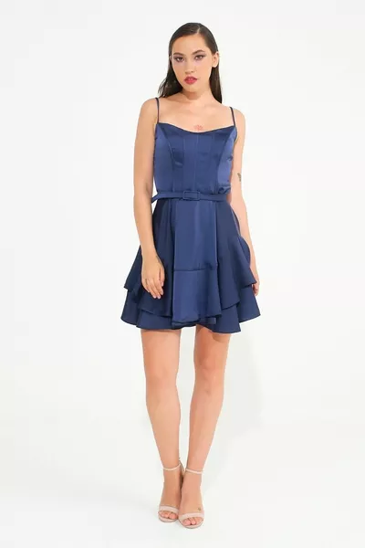 الأزرق الداكن قصيرة الساتان فساتين السهرة