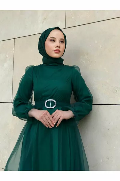 Elips Zincir Kemerli Organze Tesettür Abiye Zümrüt