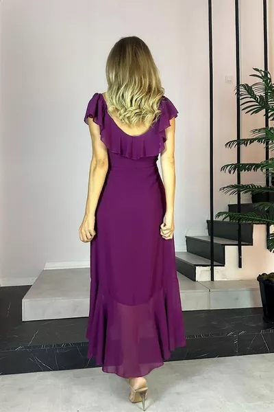  كشكش مفصلة التفاف الشيفون اللباس البرقوق