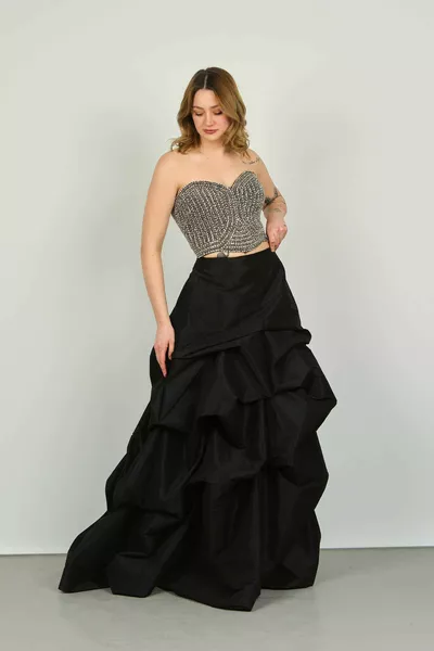 Women's Strapless Top Bustier Stone Embroidered Lower Balloon Skirt Evening Dress  Silver