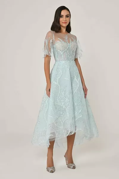 Къс ръкав лъскав тюл Midi рокля