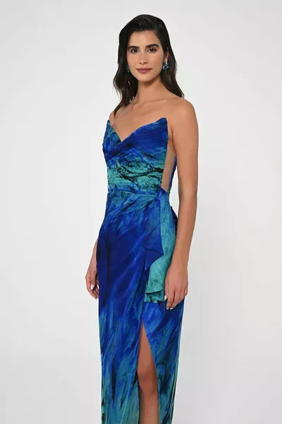 Abito da sera lungo in tulle blu navy senza spalline senza spalline e abito da laurea -SAKS / VERDE