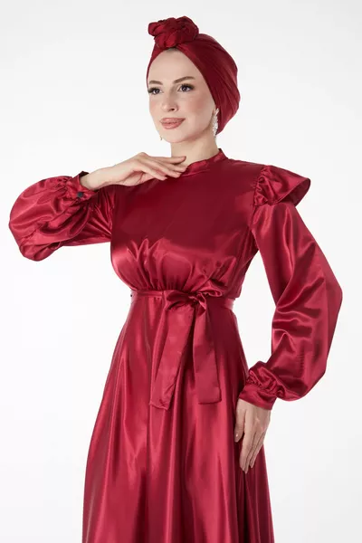 Gerader Richterausschnitt Damen Burgunderrotes Abendkleid mit Prinzessinnenärmeln - 