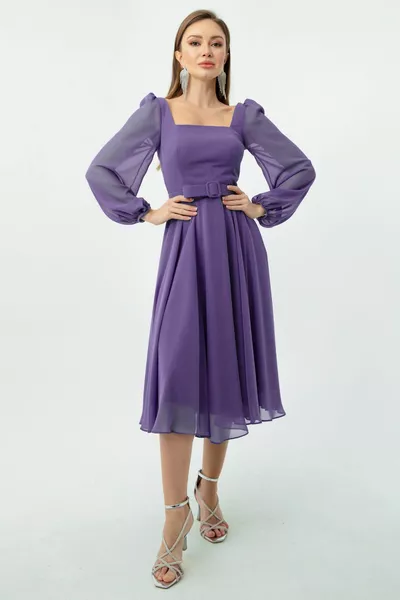 المرأة الخزامى مربع الرقبة حزام ميدي الشيفون مساء اللباس