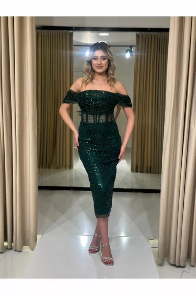 Boat Neck Sequin Midi Length Fish Evening Dress 