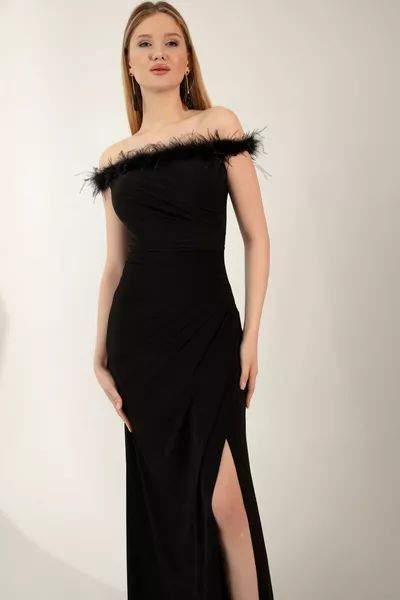 المرأة الأسود Otriş قارب الرقبة مساء اللباس الطويل مع شق