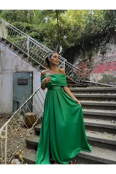 Simer Kemer Detail Slit Evening Dresses  GREEN