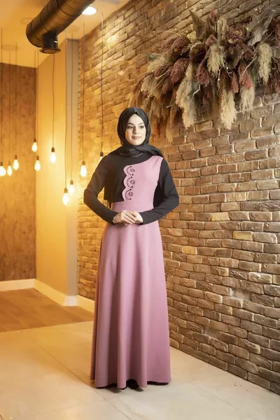 Dried Rose Hijab Evening Dress with Floral Pattern on the Front