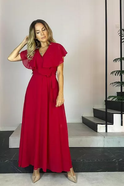  Volan Detaylı Şifon Elbise Kırmızı