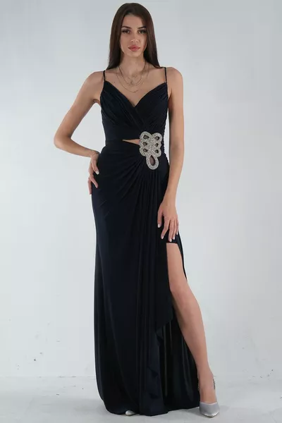 Dünnes Abendkleid mit hängender Steinverarbeitung mit detailliertem Schlitz Marineblau 