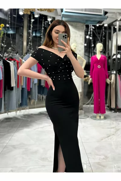 Jeraa İnci Detailed Madona Collar Midi Length Evening Dress-Black