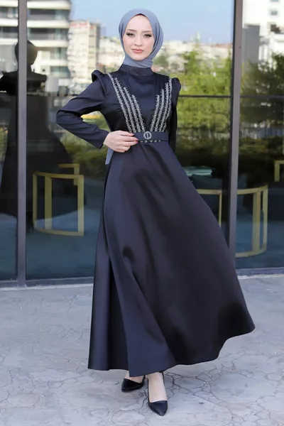 Belt Detailed Evening Dresses  Black