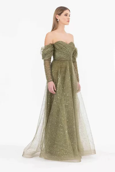 TULLE CHEST CUP SLIM EVENING DRESS-KHAKI