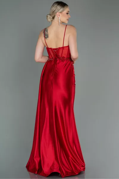 Red Leg Low-Cut Underwire Corset Long Satin Evening Dress 