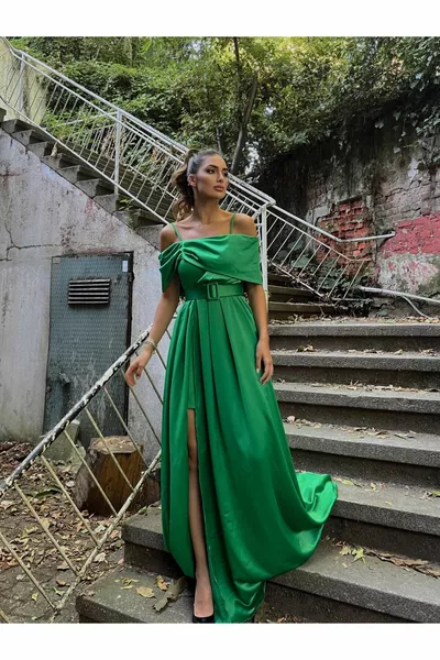 Simer Kemer Detail Slit Evening Dresses  GREEN
