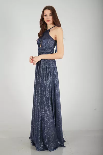 Abito da sera scollato con glitter blu navy 