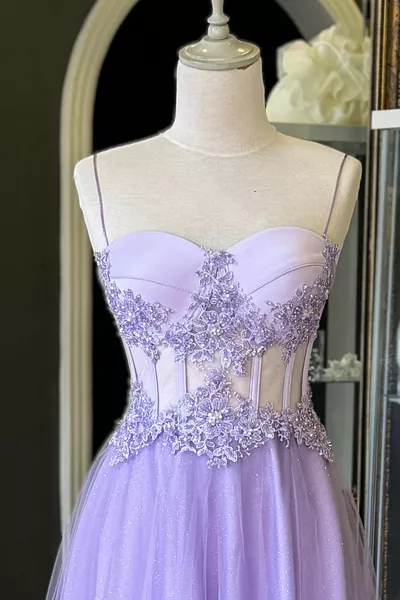 Люляк прозрачна кристална бродирана дантелена детайлна блестяща вечерна рокля и сватбена рокля