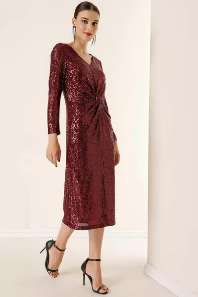 Col en V sur le devant Cordon de serrage doublé pulpe Robe bourgogne