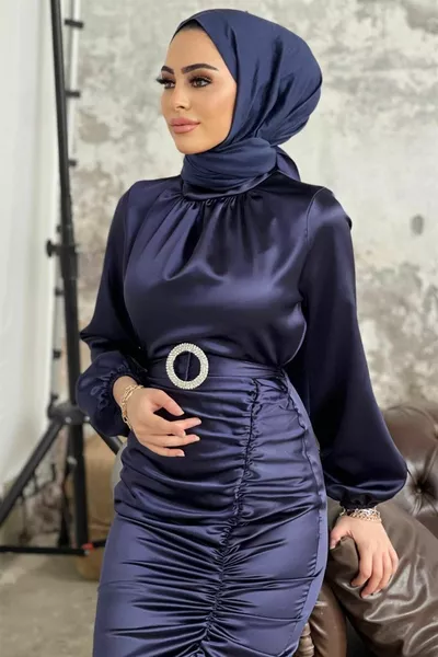 Satin Abendkleid Marineblau mit Kordelzug Rock