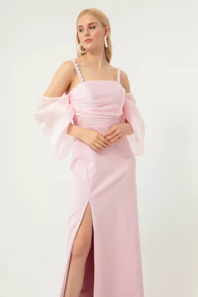 المرأة الوردي الأميرة الأكمام حبة حزام الأورجانزا طويلة مساء اللباس