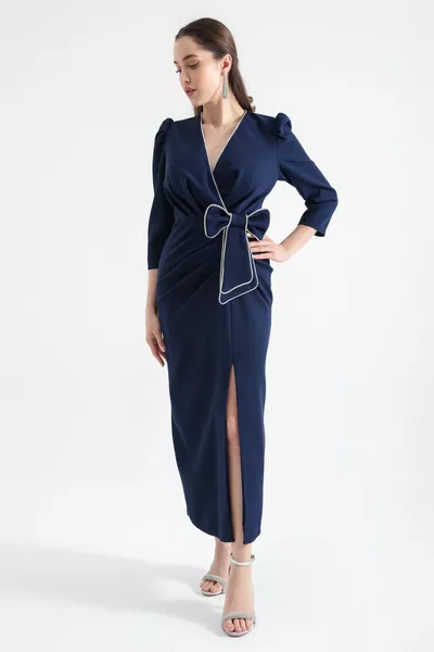 المرأة الأزرق الداكن مزدوج الصدر طوق شق ميدي مساء اللباس