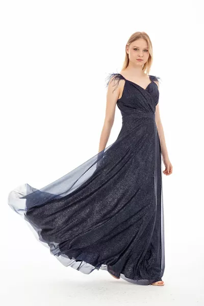 Women's Rope Strap Feather Detailed Pleated Long Glitter Flared Wedding Invitation Engagement Evening Dress / Navy Blue