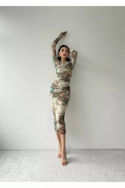 Eleni Streç Elbise Midi Boy Desenli Elbise