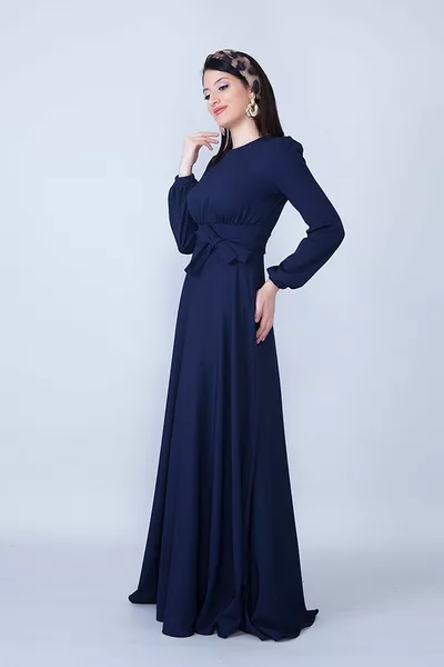 Round Neck Long Sleeve Woven Fabric Drawstring Waist Belted Pocket Maxi Length Invitation & Evening Dress