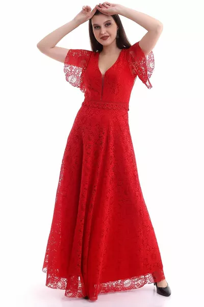 Voorkant Achter V-hals mouw split taille Güpure Gedetailleerd kant uitlopende lange avondjurk