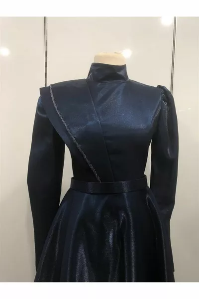 نجوم المرأة طويلة الأكمام الخصر حزام الخصر مقعد ميدي الحجاب مساء اللباس الأزرق الداكن