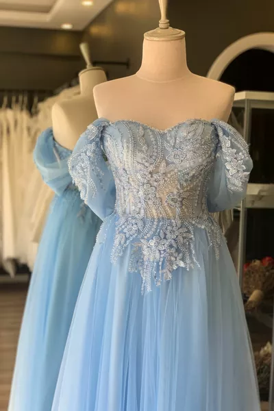 Ice Blue Floral Pattern Embroidered Lace Overlay Maxi Length Evening Dress and Evening Dress