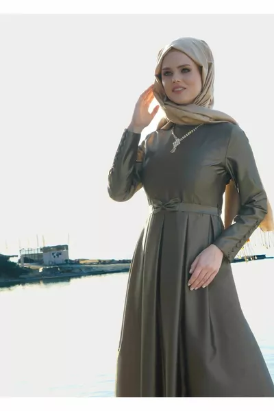 Damen Khaki T  By Korkut - Taft Langes Abendkleid