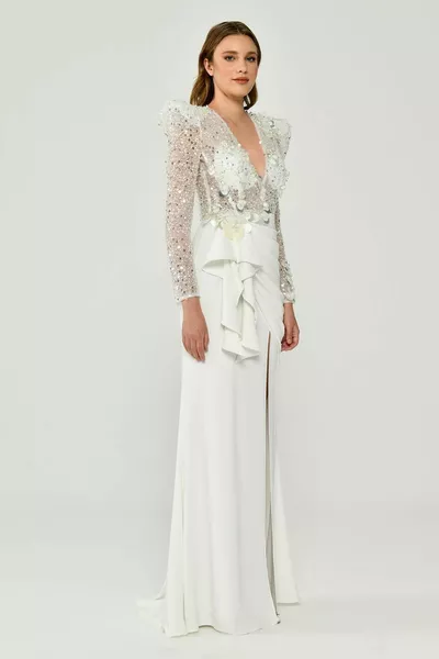 White Deep V-Neck Lace Long Dress