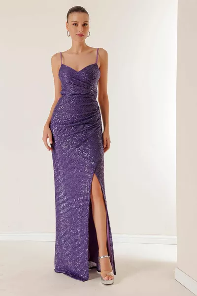 İp Askılı Önü Drapeli Arkası Bağcıklı Astarlı Uzun Pulpayet Elbise