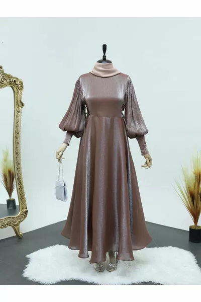 Balloon Sleeve Jacquard Evening Dress with Ties on the Sides