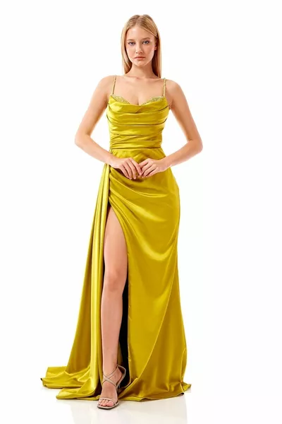 Satin women's evening dress with stone embroidered collar detail