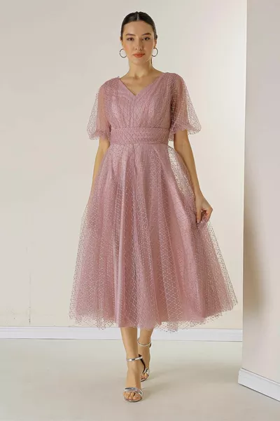 الجبهة الخلفية الخامس الرقبة قصيرة بالون الأكمام مربع الأرقط بريق داليا النسيج اصطف اللباس