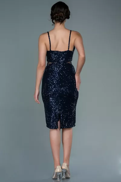 Lacivert Askılı Pul Payet Kısa Abiye 