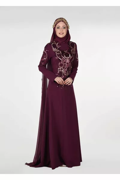 Burgunderfarbenes besticktes Abendkleid mit detailliertem Umhang für Damen 