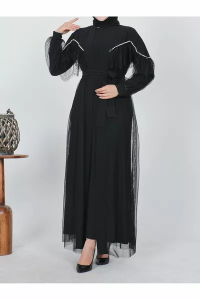 İncili Tüllü İkili Kemerli Abaya
