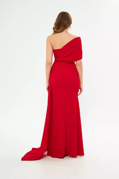 Ewo Tailed One Shoulder Evening Dress RED