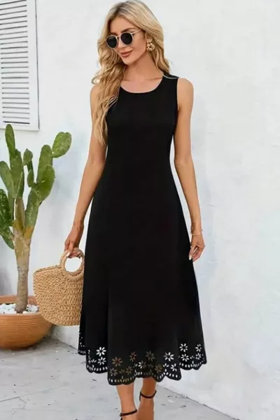 بلا أكمام تنحنح الليزر قطع الأزهار منقوشة ميدي طول المستوردة كريب اللباس