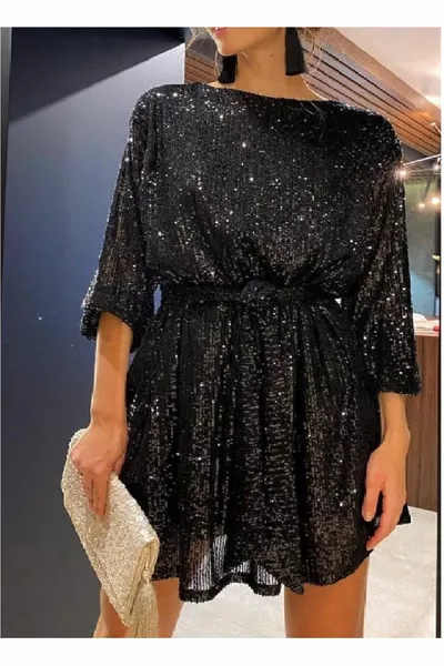Zwarte brede maat pailletten jurk met ceintuur