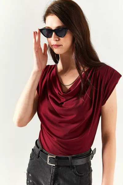 نسائي بورجوندي مبطن ديجاجي ياقة متدفقة بلوزة 