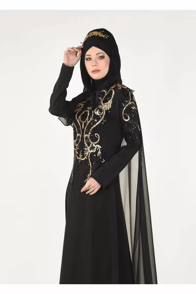 المرأة السوداء المطرزة مفصلة كيب مساء اللباس 