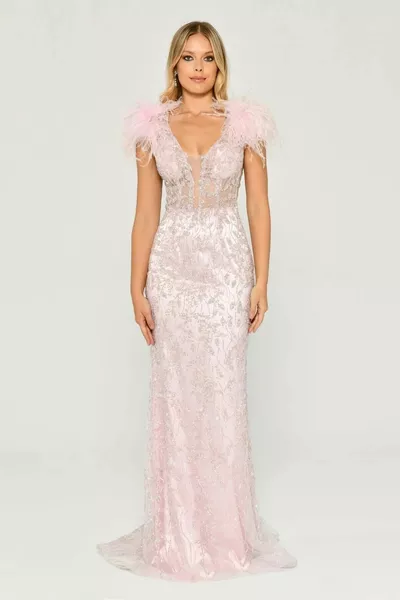 Алфа бета рамо подробни розови дамски вечерни рокля 
