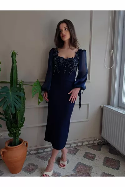 Ballon Bras Appliqué Perles De Cristal Stylo Détaillé Robes De Soirée