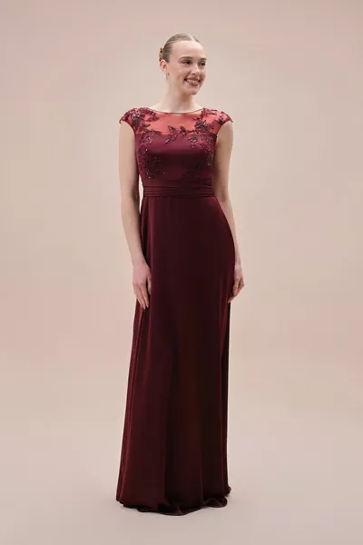 Short Sleeve Chiffon Tulle Collar Detailed Burgundy Dress