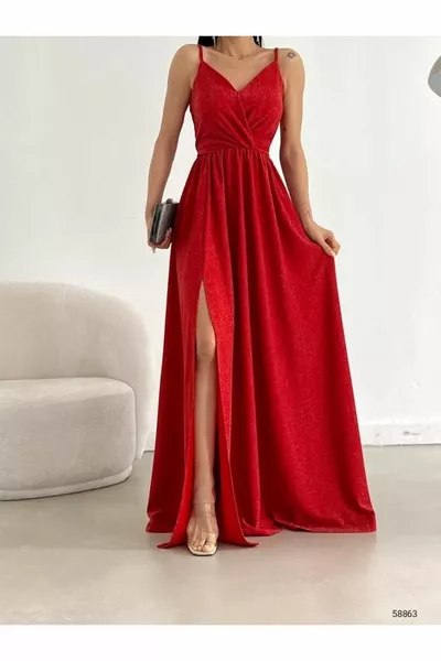 Riemen Zweireihiger Kragen Glitzerdesign Schlitz Maxi Junge Abendkleid Hochzeit Verlobung Abschlusskleid